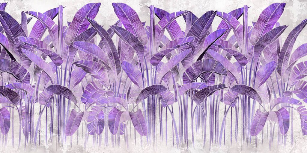 Violet tropical leaves on grey concrete background. Great choice for mural, card, postcard, wallpaper and photo wallpaper. Design for modern and loft interiors.