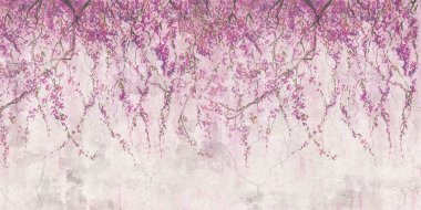 Pastel boya ile boyanmış Sakura dalları. Şaşırtıcı derecede güzel, modern duvar resimleri, duvar kağıtları, duvar resimleri, duvar kâğıtları, kapağı, ilginç ve alışılmadık bir arkaplanı olan kartpostal. Pembe sakura çiçekleri duvarı.