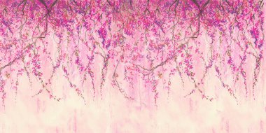 Pastel boya ile boyanmış Sakura dalları. Şaşırtıcı derecede güzel, modern duvar resimleri, duvar kağıtları, duvar resimleri, fotoduvar kağıtları, kapak, ilginç ve alışılmadık bir arkaplanı olan kartpostal. Pembe sakura çiçekleri duvarı.