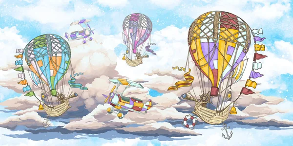 Mavi Gökyüzünde Bebek Renkli Balonlar Çocuk Kitabı Illüstrasyonu Çizdim Kart — Stok fotoğraf