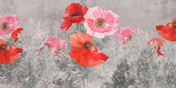 Poppies Flowers Illustration Poppies Painted Grunge Wall Beautiful Design Postcard — Stock Photo, Image