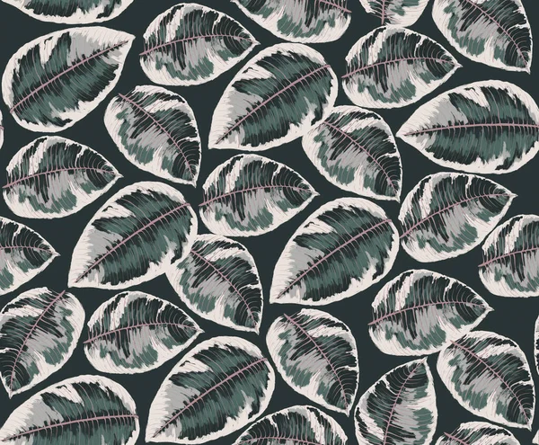 A pattern of tropical painted leaves on a dark green background. Great choise for wallpaper, photo wallpaper, murals, cards, postcards. Design for modern and loft interiors.