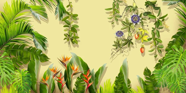 Drawn exotic tropical plants, flowers and leaves on a light beige background. Great choise for wallpaper, photo wallpaper, murals, cards, postcards. Design for modern and loft interiors.