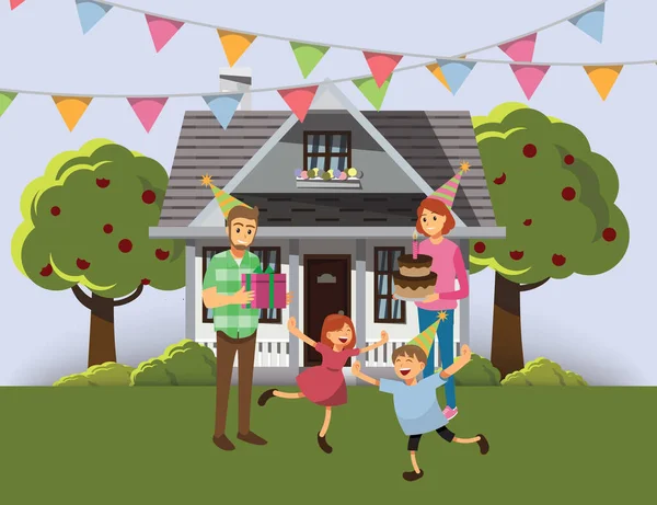 Happy Family Celebration Outdoor Area Small House Background Vector Illustration — Stockvector