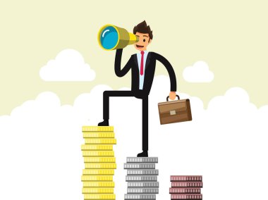 Vision and Growth concept. Businessman looks through a telescope Stand on the pile of money. Business concept cartoon illustration