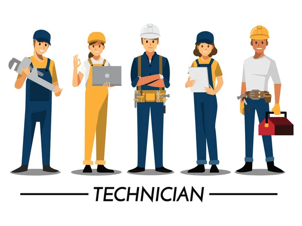 Técnico Constructores Ingenieros Mecánicos Gente Trabajo Equipo Ilustración Vectorial Personaje — Vector de stock