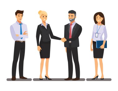 Businesss ve office kavramı - iki işadamları tokalaşırken, vektör çizim karikatür karakter