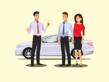 auto business, car sale, deal,  dealer giving key to new owner and shaking hands  ,Vector illustration 