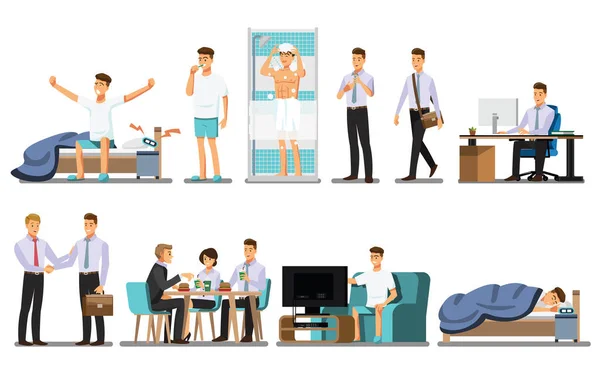 Everyday Life Man Daily Routine People Character Vector Illustration — Stok Vektör