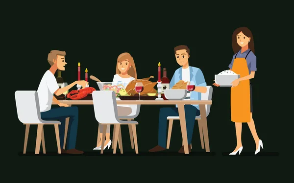 Enjoying Dinner Friends Vector Illustration — Stok Vektör