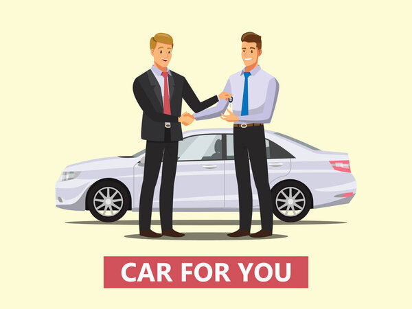 auto business, car sale, deal,  dealer giving key to new owner and shaking hands  ,Vector illustration 