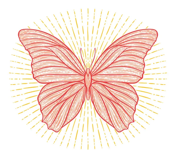 Gestileerde etnische boho vlinder met glanzende lichten effect op wit wordt geïsoleerd. Decoratieve doodle vectorillustratie. Perfect voor een briefkaart, poster, afdrukken, wenskaarten, t-shirt, telefoon behuizing — Stockvector