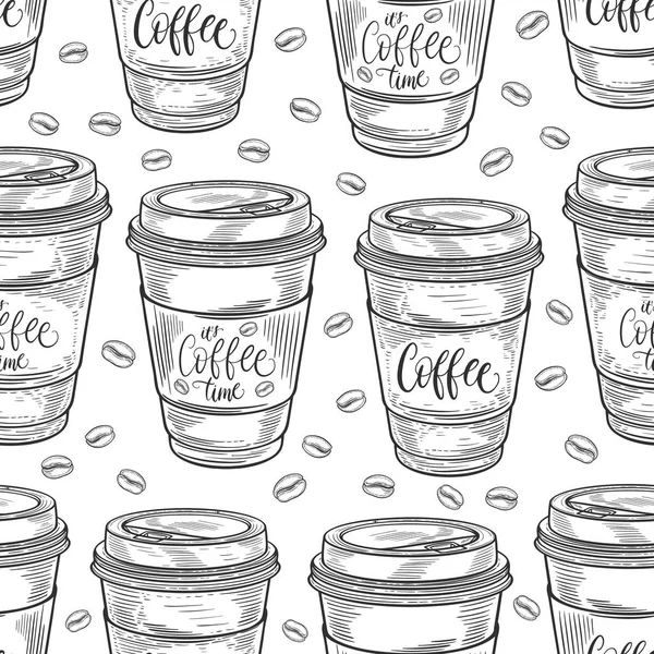 Copos de café desenhados à mão padrão sem costura. Isolado em fundo branco. Ilustração decorativa do vetor doodle — Vetor de Stock