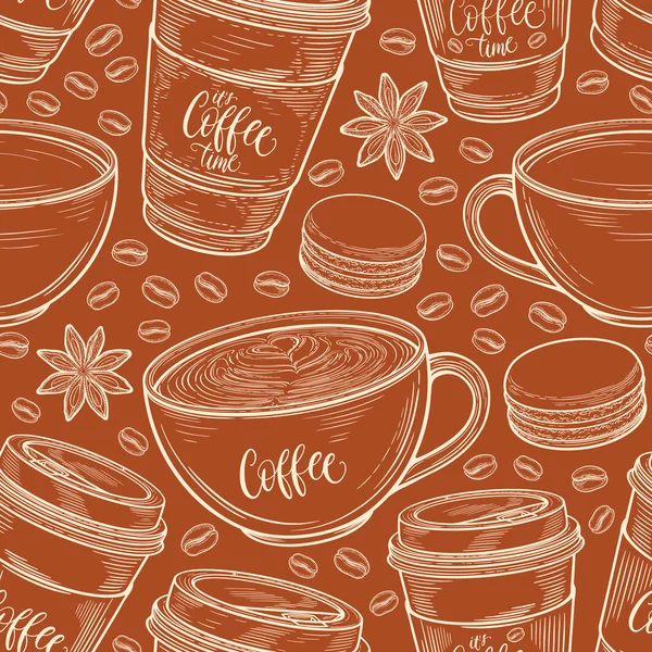 Hand drawn seamless pattern with coffee cups, beans, mugs, macaroons. Colorful background in vintage retro colors. Decorative doodle vector illustration — Stock Vector