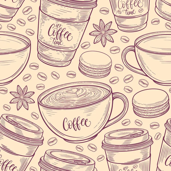 Hand drawn seamless pattern with coffee cups, beans, mugs, macaroons. Colorful background in vintage retro colors. Decorative doodle vector illustration — Stock Vector