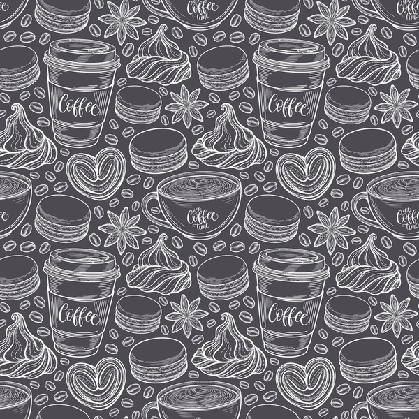 Hand drawn seamless pattern with coffee cups, beans, mugs, macaroons. Colorful background in vintage retro colors. Decorative doodle vector illustration — Stock Vector
