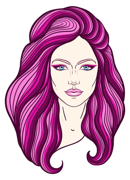 Beautiful Girl Face Long Hair Make Neutral Expression Hand Drawn — Stock Vector