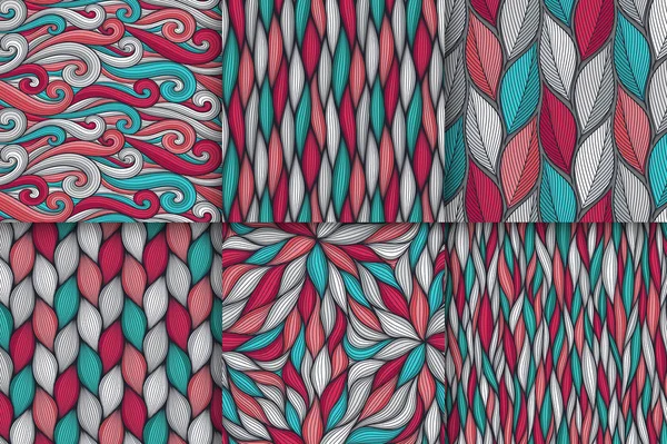 Líneas onduladas abstractas patrones sin costura conjunto. Ilustración vectorial orgánica floral. Brillante colección de fondo de baldosas de colores sin costura . — Vector de stock