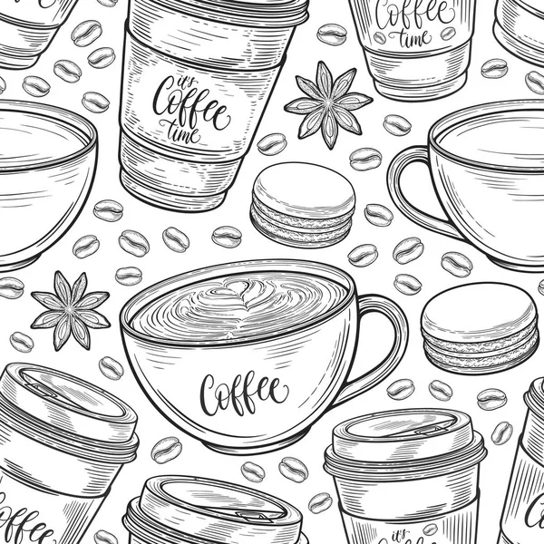 Hand drawn seamless pattern with coffee cups, beans, mugs, macaroons. Colorful background in vintage retro colors. Decorative doodle vector illustration — Stock Vector