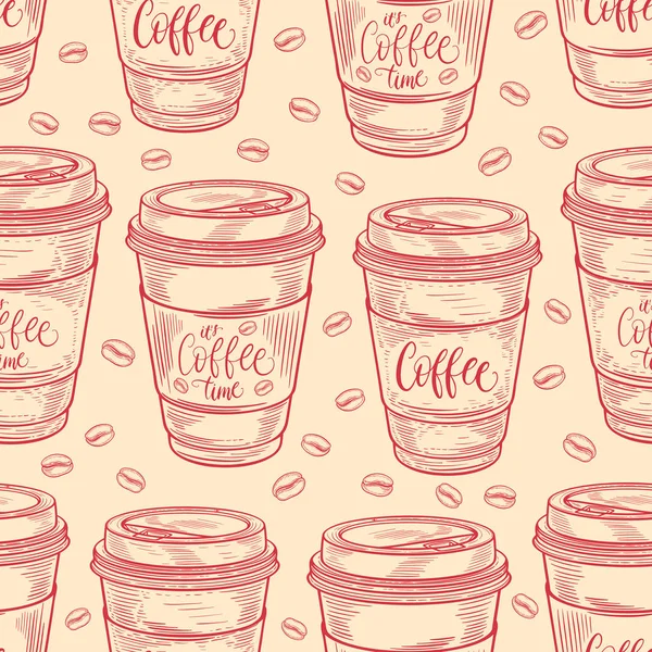 Kézzel rajzolt kávé csésze varrat nélküli mintát. Színes háttér vintage retro színekben. Dekoratív doodle vektoros illusztráció — Stock Vector