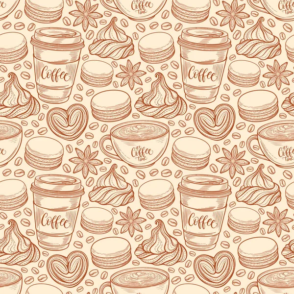 Hand drawn seamless pattern with coffee cups, beans, mugs, macaroons. Colorful background in vintage retro colors. Decorative doodle vector illustration — Stock Vector