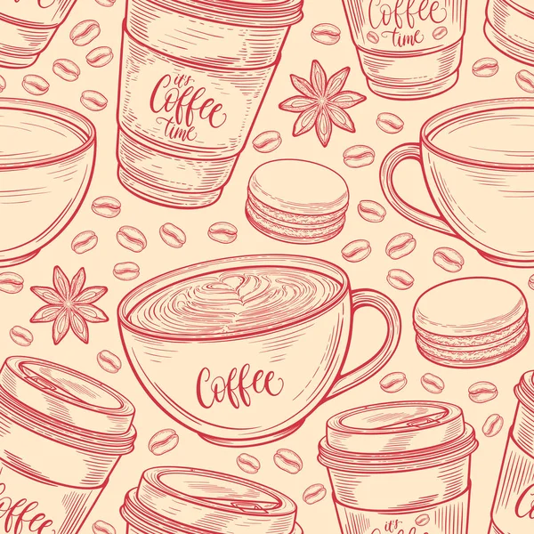 Patrón sin costura dibujado a mano con tazas de café, frijoles, tazas, macarrones. Fondo colorido en colores retro vintage. Ilustración decorativa de vectores de garabatos — Vector de stock