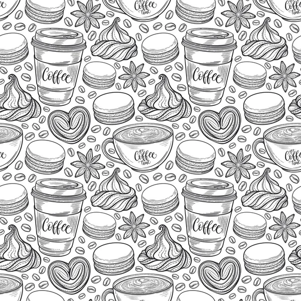 Hand drawn seamless pattern with coffee cups, beans, mugs, macaroons. Colorful background in vintage retro colors. Decorative doodle vector illustration — Stock Vector