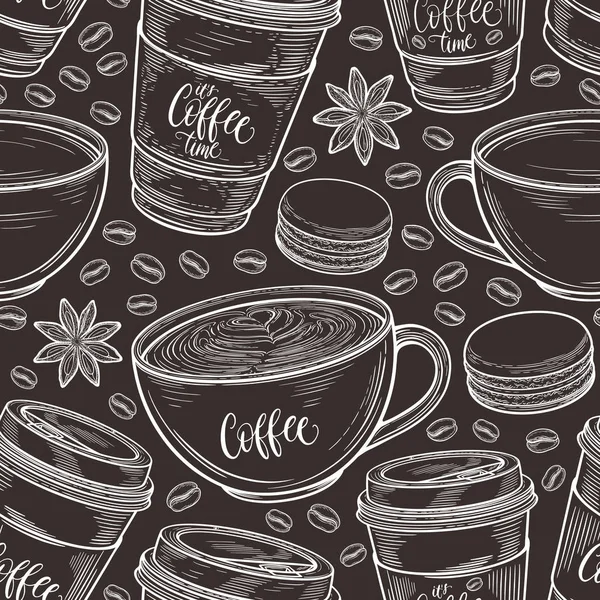 Handgezeichnete nahtlose Muster mit Kaffeetassen, Bohnen, Tassen, Makronen. bunter Hintergrund in Vintage-Retro-Farben. dekorative Doodle-Vektor-Illustration — Stockvektor