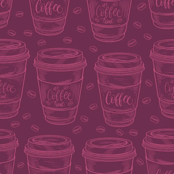 El kahve kupaları seamless modeli çekilmiş. Retro vintage renk renkli arka plan. Dekoratif doodle vektör çizim — Stok Vektör