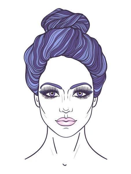 Belle Fille Visage Avec Top Noeud Coiffure Maquillage Expression Neutre — Image vectorielle