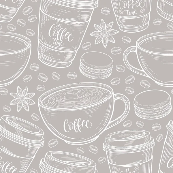 Hand drawn seamless pattern with coffee cups, beans, mugs, macaroons. Colorful background in vintage retro colors. Decorative doodle vector illustration — Stock Vector