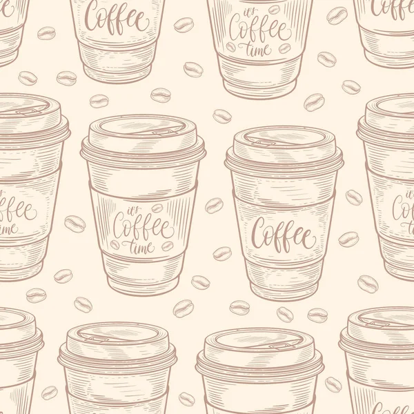 Copos de café desenhados à mão padrão sem costura. Fundo colorido em cores retro vintage. Ilustração decorativa do vetor doodle — Vetor de Stock