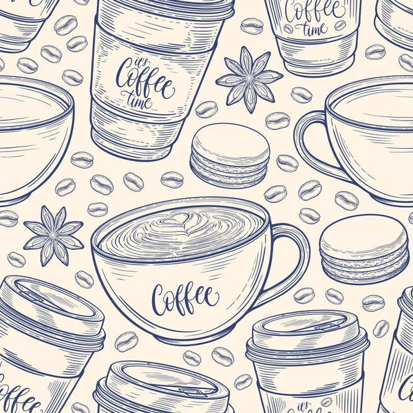手のコーヒー カップ、豆、マグカップ、マカロンと描かれたシームレス パターン。ヴィンテージ レトロな色でカラフルな背景は。装飾的な落書きのベクトル図 — ストックベクタ