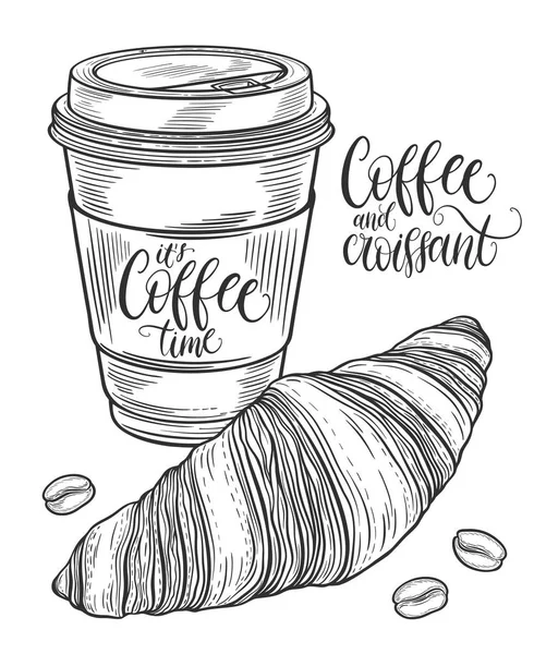 Handritad kaffekopp och croissant. Isolerade på vit bakgrund. Dekorativa doodle vektorillustration — Stock vektor