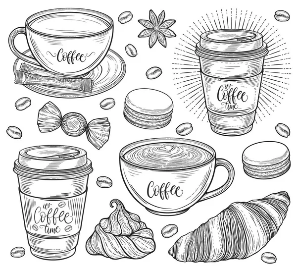 Coffret de café décoratif. Americano, latte, cappuccino tasse, grains de café, croissant, macarons, bonbons, sucre, biscuit meringue française. Isolé sur fond blanc. Illustration vectorielle dessinée à la main Graphismes Vectoriels