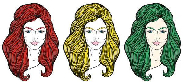 Beautiful Girls Faces Long Hair Make Neutral Expression Hand Drawn — Stock Vector