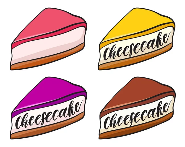 Decorativo set di torta di formaggio colorato disegnato a mano. Isolato su sfondo bianco. Dolce deserto doodle vettoriale illustrazione — Vettoriale Stock