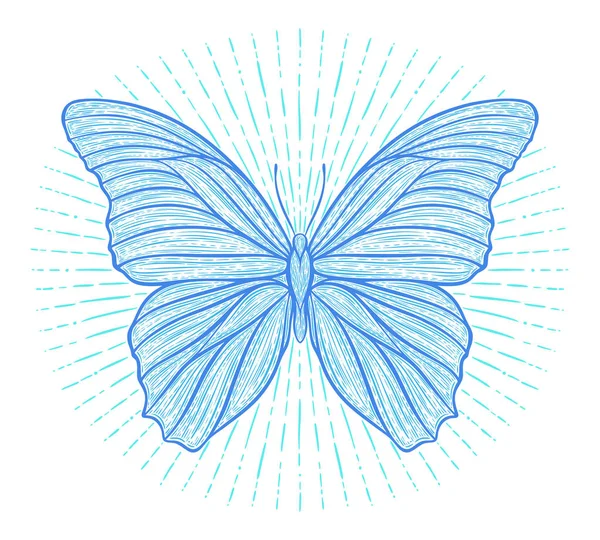 Stylized ethnic boho butterfly with shining lights effect isolated on white. Decorative doodle vector illustration. Perfect for postcard, poster, print, greeting card, t-shirt, phone case design — Stock Vector