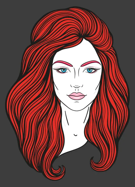 Красивая Девушка Лицо Длинными Волосами Макияж Нейтральное Выражение Лица Ручной — стоковый вектор