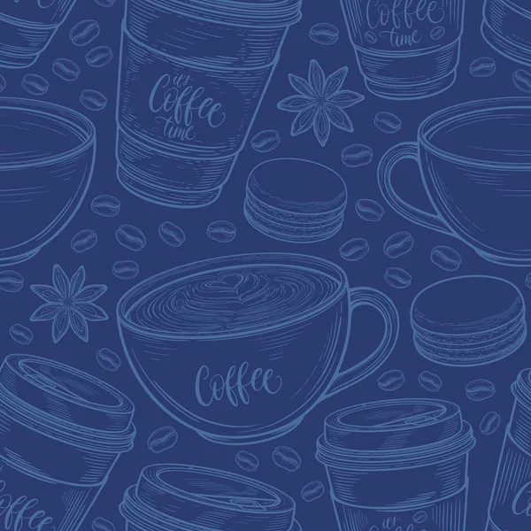 Handgezeichnete nahtlose Muster mit Kaffeetassen, Bohnen, Tassen, Makronen. bunter Hintergrund in Vintage-Retro-Farben. dekorative Doodle-Vektor-Illustration — Stockvektor