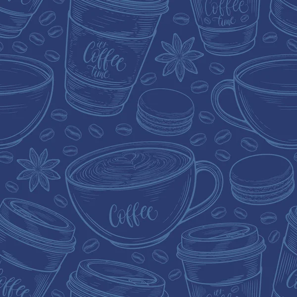 Modello senza cuciture disegnato a mano con tazze di caffè, fagioli, tazze, macaron. Sfondo colorato in colori vintage retrò. Illustrazione decorativa del vettore doodle — Vettoriale Stock