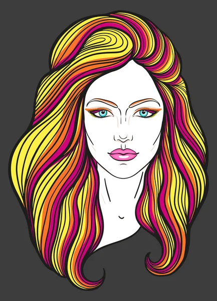Beautiful Girl Face Long Hair Make Neutral Expression Hand Drawn — Stock Vector
