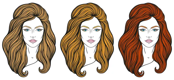Rostos Meninas Bonitas Com Cabelos Longos Maquiagem Expressão Neutra Retratos —  Vetores de Stock