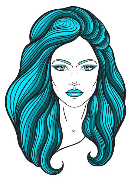 Beautiful Girl Face Long Hair Make Neutral Expression Hand Drawn — Stock Vector
