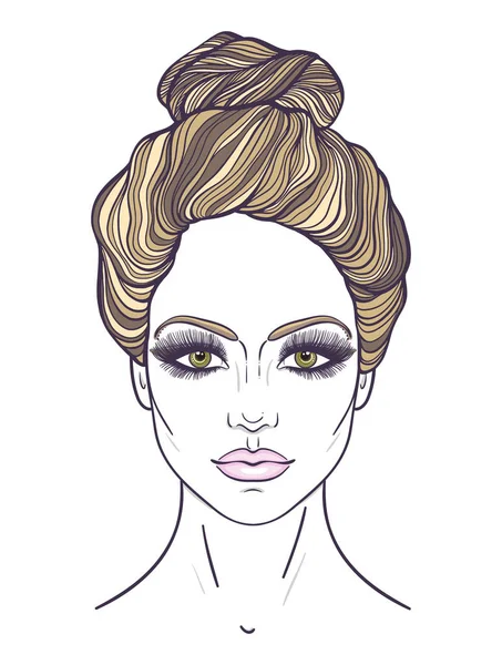 Beautiful Girl Face Top Knot Hair Style Make Neutral Expression — Stock Vector