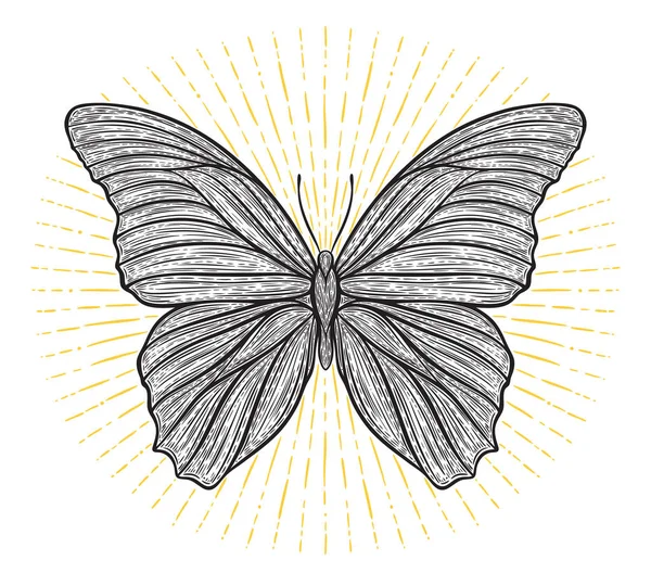 Stilizált etnikai boho pillangó csillogó fények hatása elszigetelt fehér. Dekoratív doodle vektoros illusztráció. Tökéletes a képeslap, plakát, nyomtatás, üdvözlőlap, póló, telefon tervezés esetén — Stock Vector