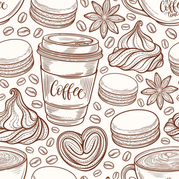 Hand drawn seamless pattern with coffee cups, beans, mugs, macaroons. Colorful background in vintage retro colors. Decorative doodle vector illustration — Stock Vector