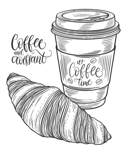 Copo de café desenhado à mão e croissant. Isolado em fundo branco. Ilustração decorativa do vetor doodle — Vetor de Stock