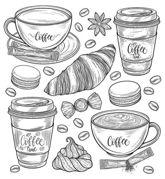 Coffret de café décoratif. Americano, latte, cappuccino tasse, grains de café, croissant, macarons, bonbons, sucre, biscuit meringue française. Isolé sur fond blanc. Illustration vectorielle dessinée à la main Illustrations De Stock Libres De Droits