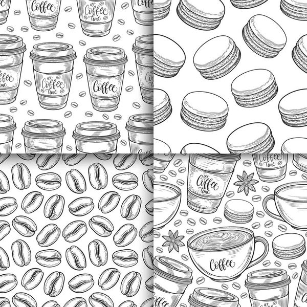 Tazze di caffè, fagioli, tazze, macaron disegnati a mano senza soluzione di continuità insieme. Sfondo vettoriale bianco e nero monocromatico. Illustrazione decorativa dello schizzo scarabocchio — Vettoriale Stock